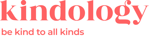 Logótipo com o nome "Kindology" e o slogan "Be kind to all kinds"